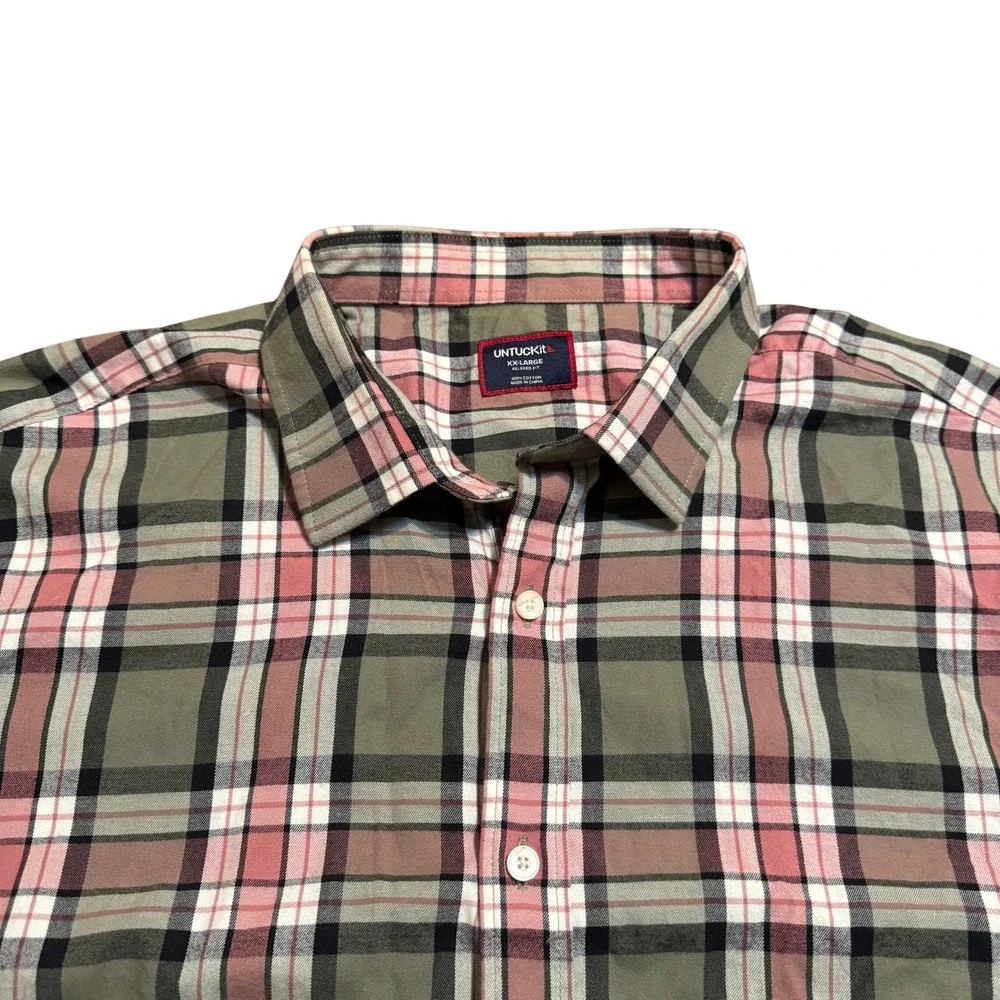 UNTUCKit Button Down Shirt Men's 2XL Long Sleeve Green Pink Plaid Relaxed Fit